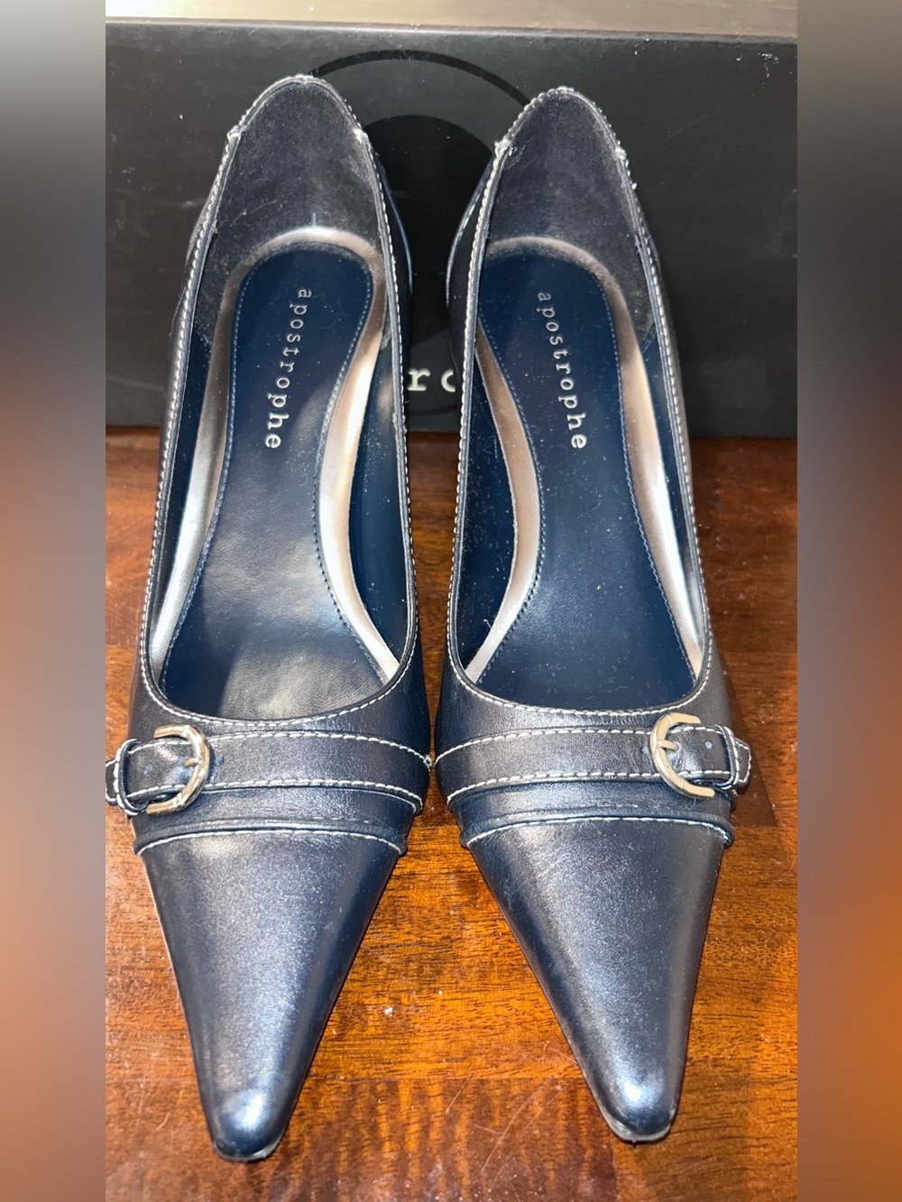 Apostrophe Navy Pointed Toe Buckle Pumps